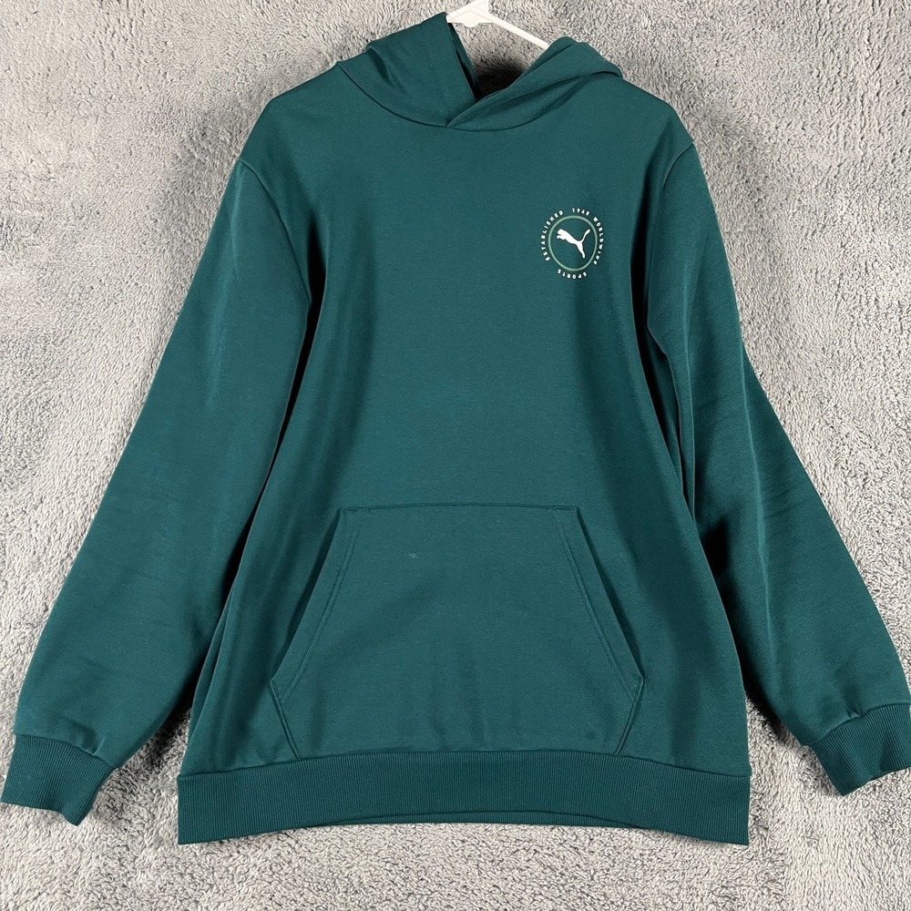 Puma Hoodie Mens Large Green Fleece-Lined Logo Back Graphic Long Sleeve Pullover
